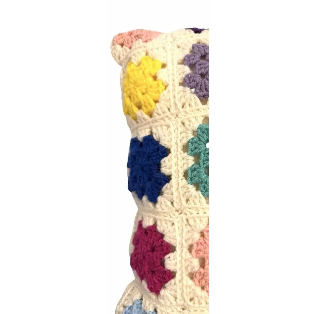 Vintage Granny Square Crochet Throw Pillow Floral Multi Colors Grannycore 16”
